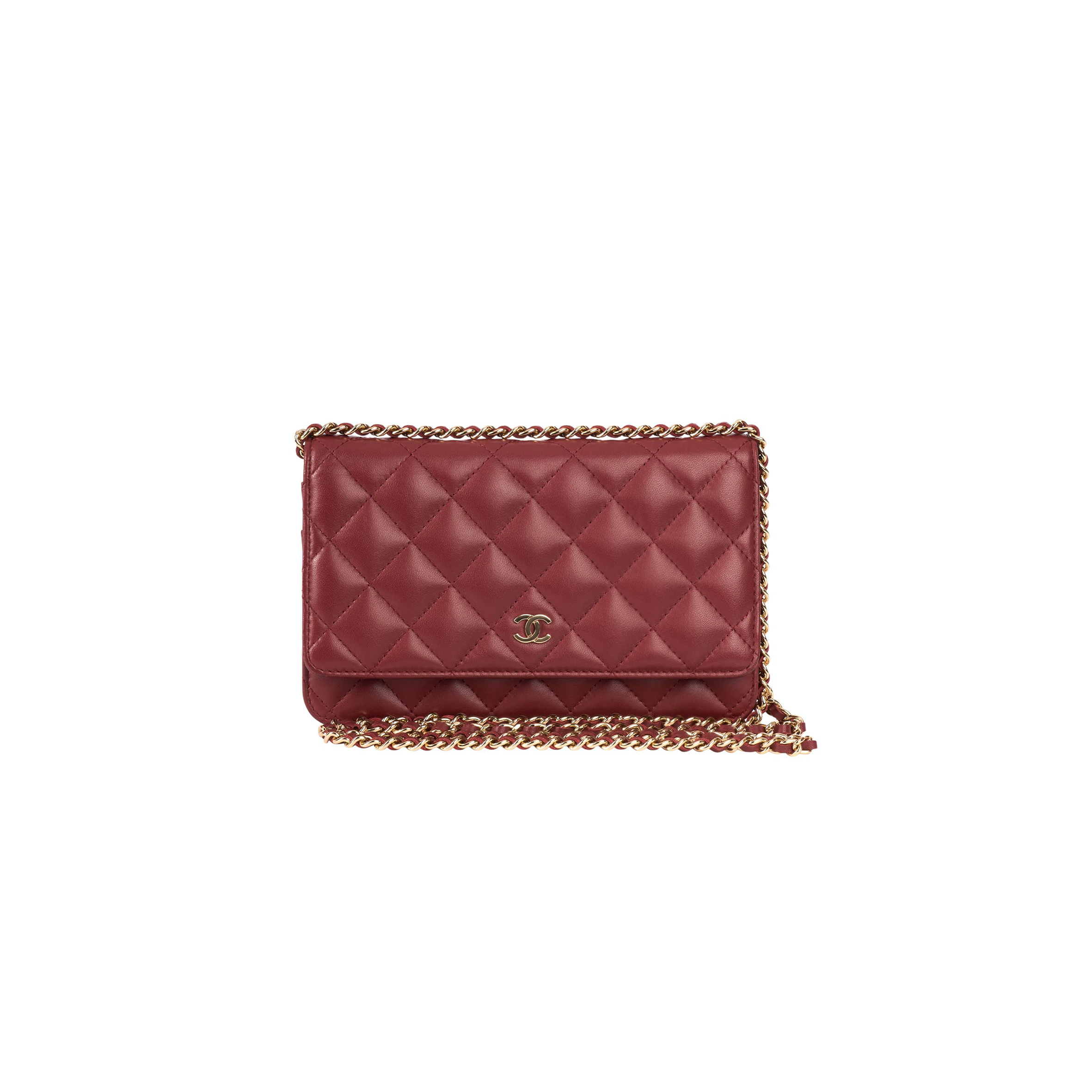 CHANEL DARK RED LAMBSKIN MATELASSE WALLET ON CHAIN  (19*13*4cm) 